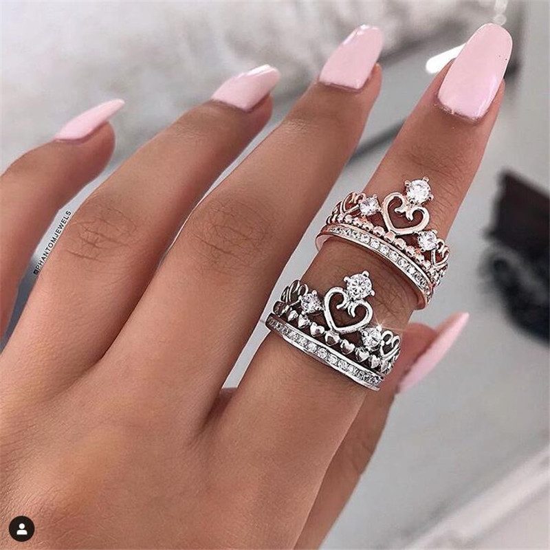 Classic Crown Ring Vintage Jewelry Real 925 Sterling Silver Round Cut White Topaz CZ Diamond Gemstones Eternity Women Wedding Heart Ring