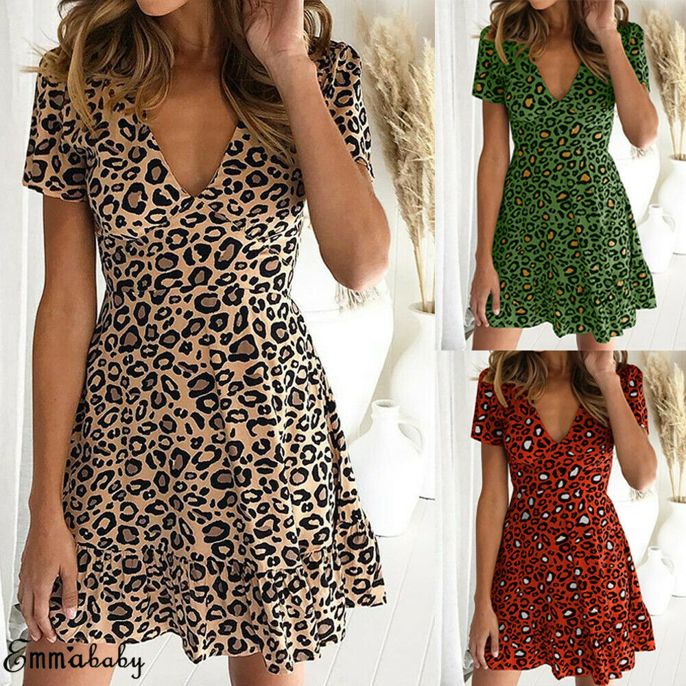 Women Short Sleeve Frill Boho Leopard Mini Dress Ladies Girl Summer Sundress V neck Holiday Dress Fashion, Khaki
Women Short Sleeve Frill Boho Leopard Mini Dress Ladies Girl Summer Sundress V neck Holiday Dress Fashion, Khaki
