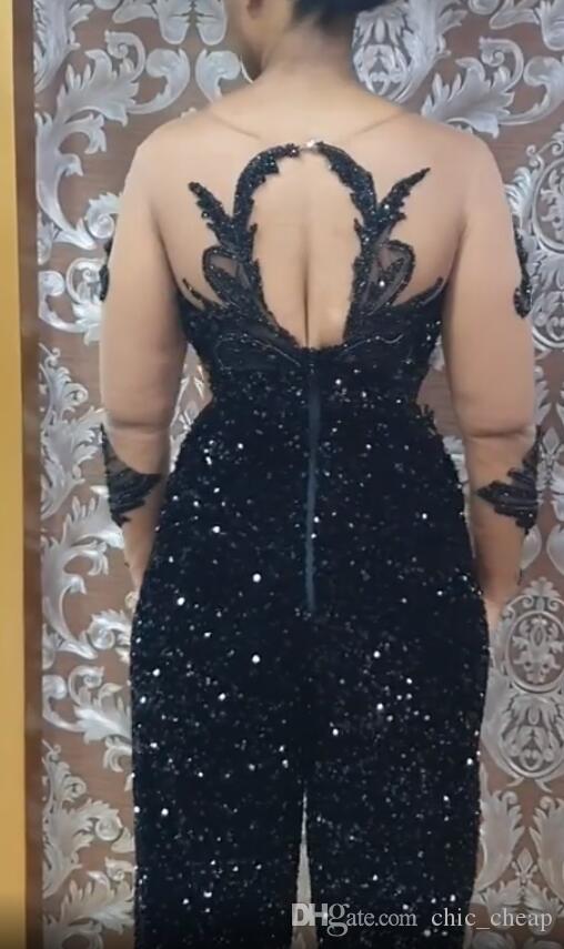 2020 Black Women Prom Jumpsuits Sheer Jewel Neck Lace Beads Pearls Crystal Pants Suit Evening Gowns Long Sleeve Robes De Soirée