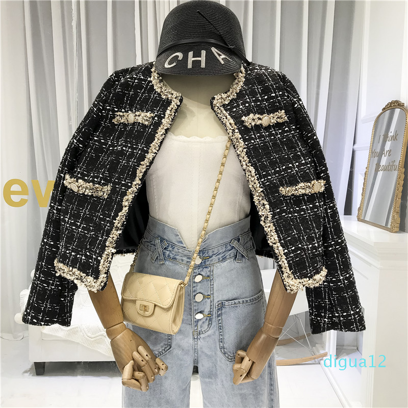 Fashion- Women Buttons Pockets Design Tweed Jackets Tassel Plaid Coats Female Autumn