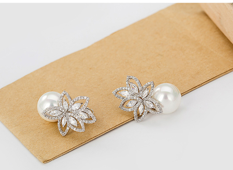 Pearl Flower Drop Earrings Bling White Zircon Fine Jewelry Wedding Dangle Earrings for Women Girl Gift