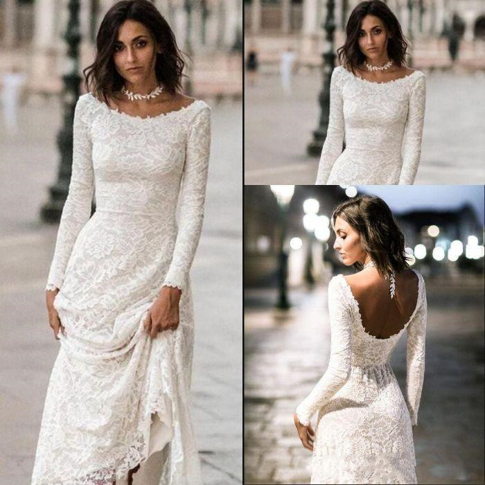 Vintage Lace A-Line Boho Dresses Long Sleeves Low Back Modest Bridal Gowns Simple Bohemian Beach Wedding Gown 41 0510