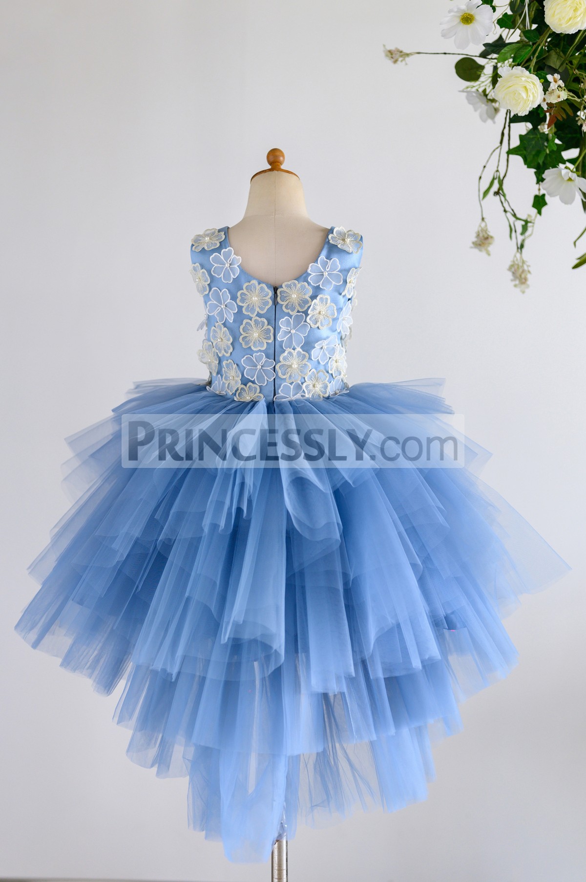 Modest Ball Gown Girl Spaghetti Sleeveless Tulle Lace Hand Made Flower Tiers Wedding Dress Knee Length Girl's Birthday Part 0431