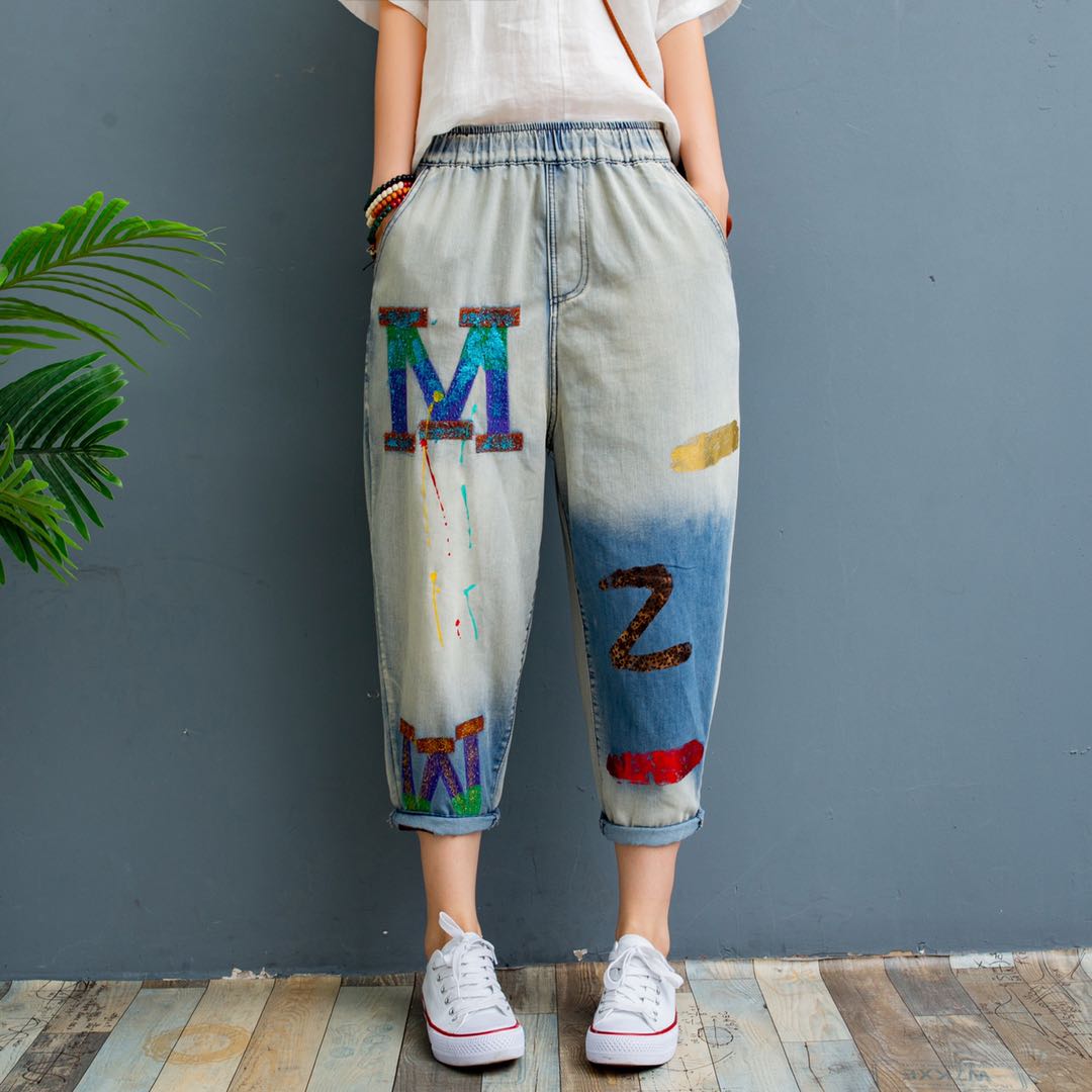 Lavender Cartoon Painting Patch Embroidered Elastic Waist Bigger Sizes Female Jeans Bk4693