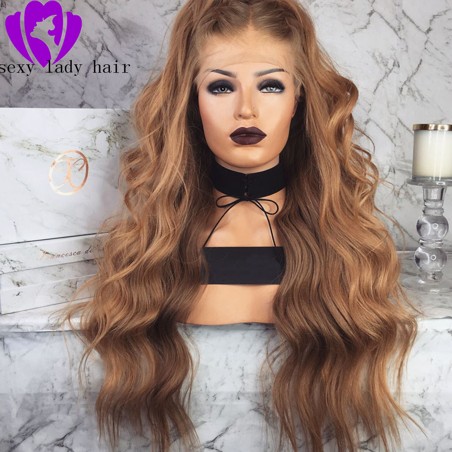 Free shipping silation Human Wigs Brown synthetic Front Pre Plucked With Baby Hair Body Wave 360 Lace Frontal Wig For Women