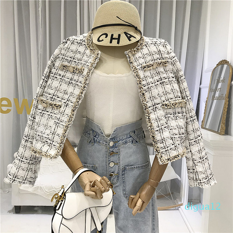 Fashion- Women Buttons Pockets Design Tweed Jackets Tassel Plaid Coats Female Autumn