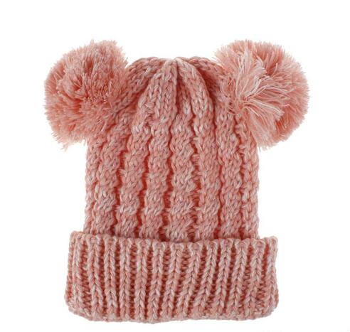 Kid Knit Crochet Beanies Hat Girls Soft Double Balls Winter Warm Hat 13 Colors Outdoor Baby Pompom Ski Caps GB1559