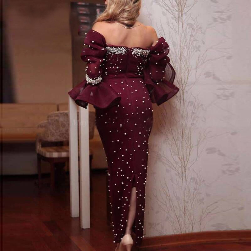 crimson mermaid evening dresses sweetheart long sleeves lace appliqued beaded prom gown sexy backless custom made party gown