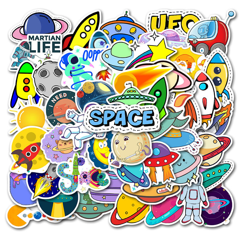 50pcs/Set Cartoon Cute UFO Sticker Pack Stationery Guitar Sticker Small Fresh Hand-Painted Celestial Planet Suitcase Stickers