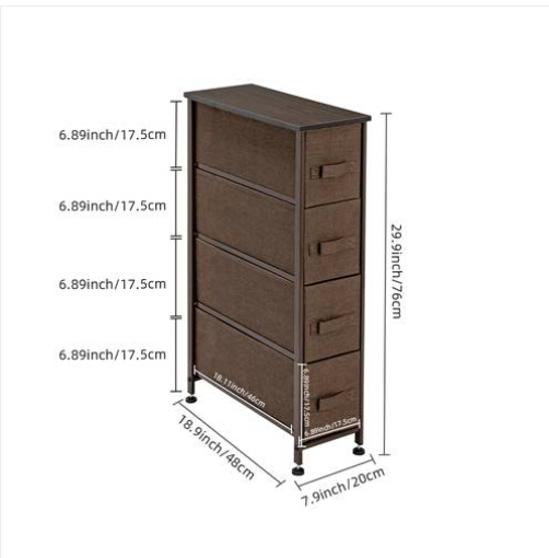 Brown Narrow Dresser Vertical Storage Unit +4 Fabric Drawers Slim Storage Tower