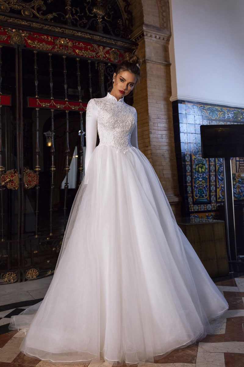 Sale Hot A E Beaded Muslim Wedding Dresses High Neck Lace Appliqued Long Sleeves Bridal Gowns Sweep Train Tulle Robes De Mari E