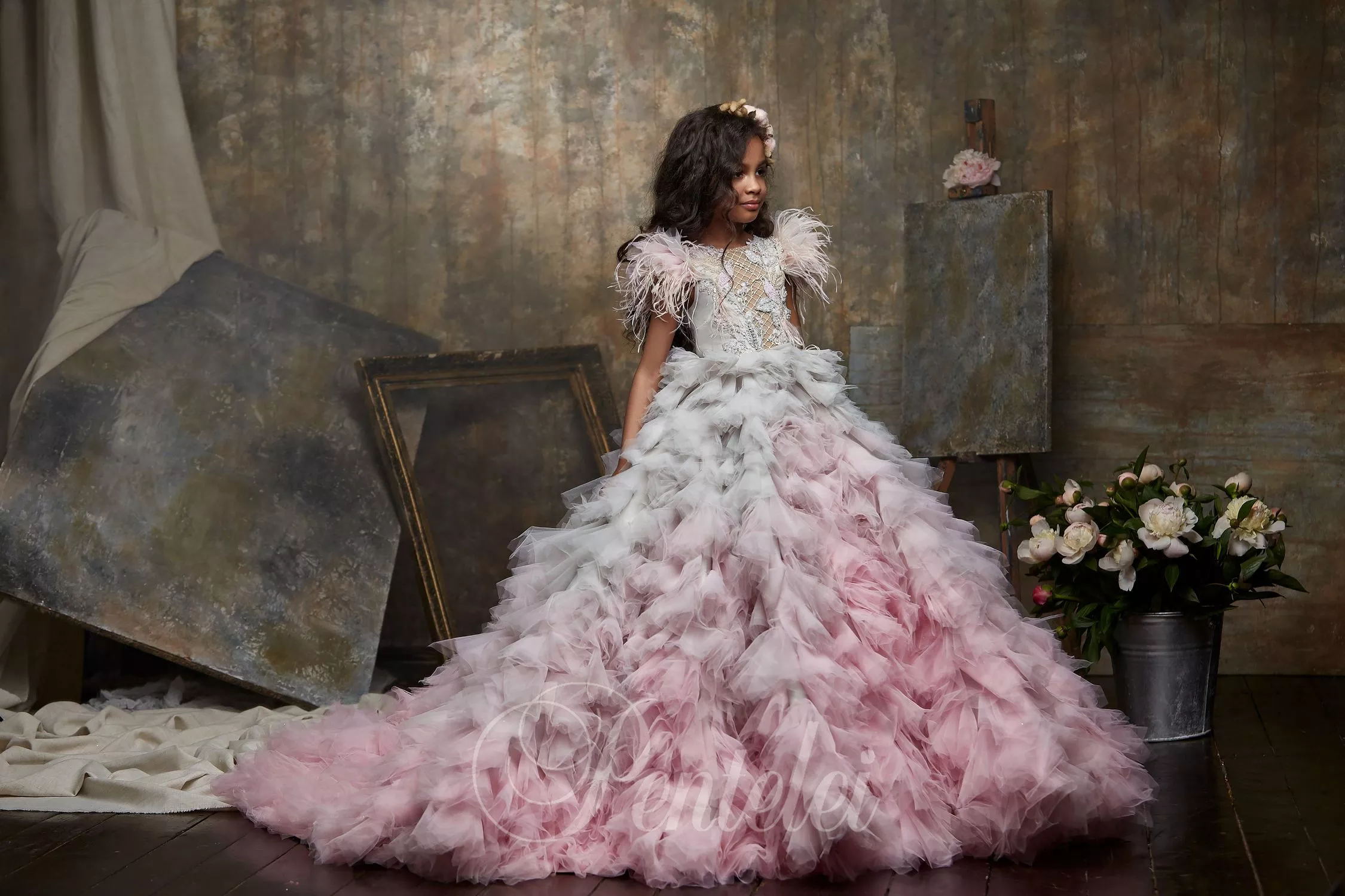 luxury ruffles flower girl dresses appliqued long sleeve little kids birthday party feather girls pageant dress party gowns