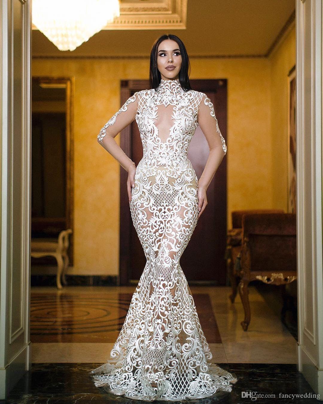 Lace Mermaid 2019 Sexy Wedding Dresses High Neck Illusion Appliqued Sweep Train Long Sleeves Bridal Dresses See Through Wedding Gowns