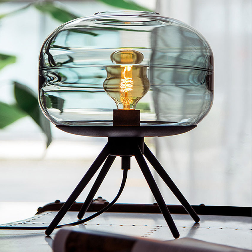 Modern American glass table lamp creative bedroom bedside brown blue gray glass shade lamp iron bracket reading desk