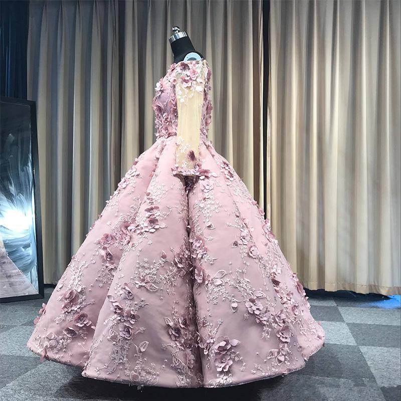 2020 Pink Off Shoulder Prom Dresses Real Image 3D Floral Appliqued Beads Long Sleeve Sexy Women Occasion Pageant Evening Gowns Custom Made