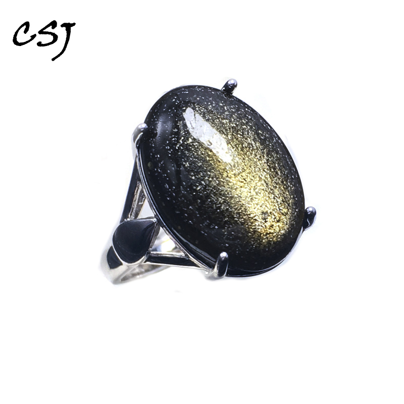 Cluster Rings CSJ Big Stone Real Natural Obsidian Sterling 925 Silver Gold Eyes Oval13*18mm Fine Jewelry For Man And Women