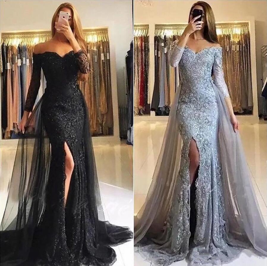 Elegant Off The Shoulder Prom Dresses Long Sleeves Lace Applique Overskirt Train Tulle Side Slit Mermaid Evening Party Gowns Plus Size 401