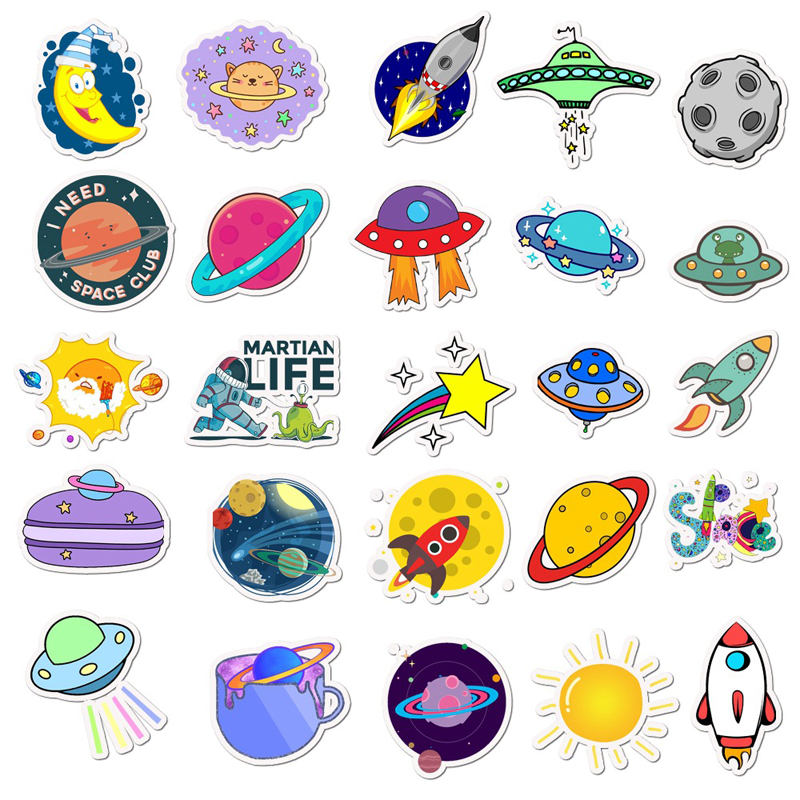 50pcs/Set Cartoon Cute UFO Sticker Pack Stationery Guitar Sticker Small Fresh Hand-Painted Celestial Planet Suitcase Stickers
