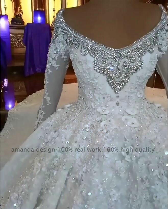 luxury new ball gown wedding dresses beading crystal long sleeve scoop neck plus size bridal gowns wedding dress
