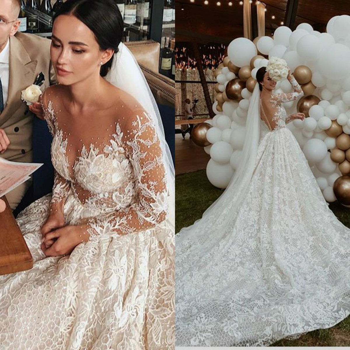 Bohemian Wedding Dresses Sheer Jewel Neck Appliqued Beaded Long Sleeves Lace Bridal Gown Sheer Back Ruffle Sweep Train Robes De Mariée