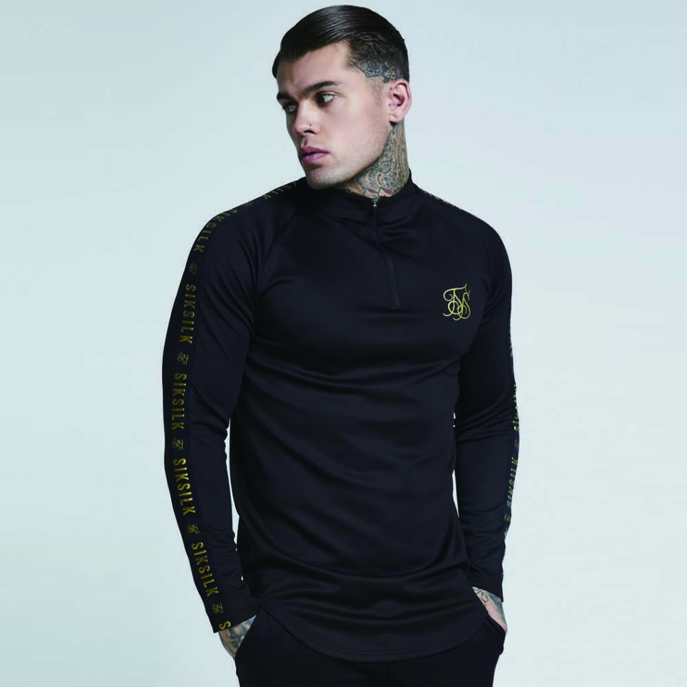 New Fashion Men Sik Silk Embroidery Solid Color Elastic T shirt High Zipper Collar Elastic Long-Sleeved Men Slim Casual T-shirts V191026