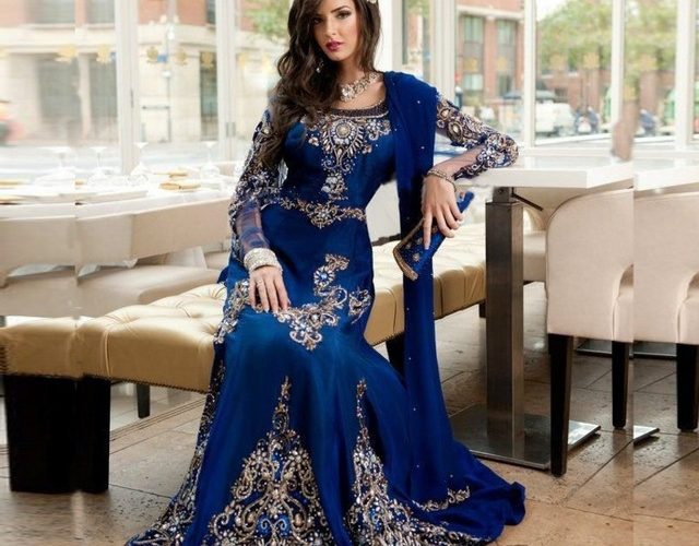 moroccan kaftan Royal Blue Prom Dresses Abaya Muslim Arabic Long Sleeve Evening Gowns With Beaded Crystal Floor Length Chiffon designer 2019