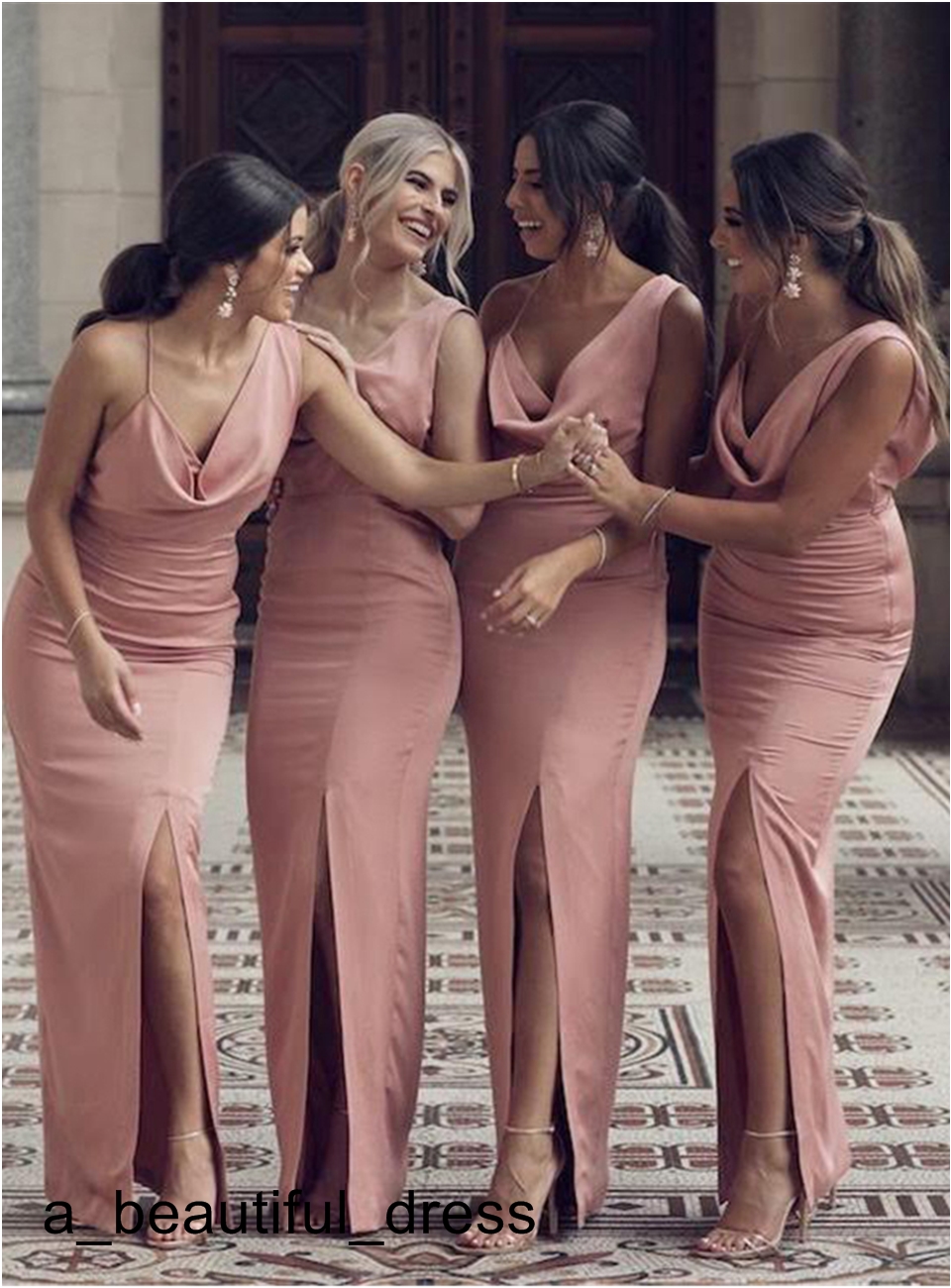 Sexy Mermaid Sleeveless Pink Sleeveless Side Split Long Bridesmaid Dressese Party Prom Dresses Custom Made Formal Dresses