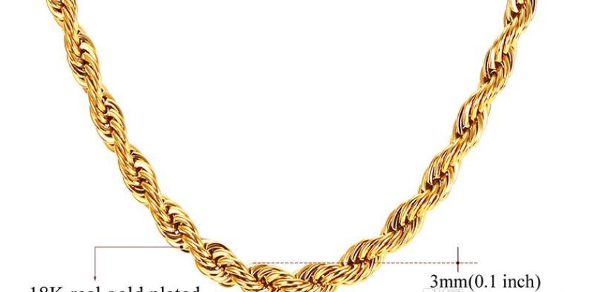 18K 6mm Real Plated Stainless Steel Rope Chain Necklace for Men Gold Chains Fashion Jewelry Gift