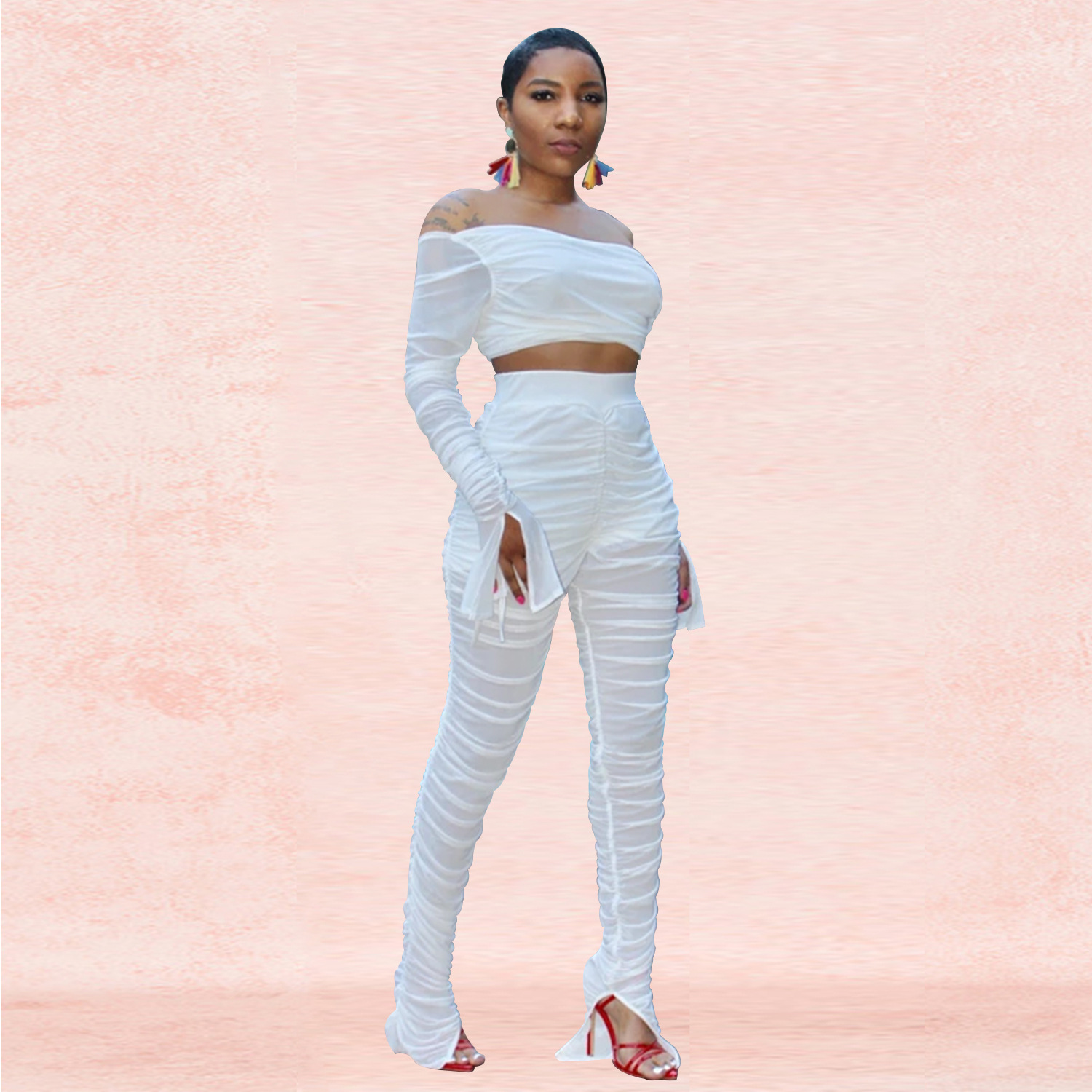 Spot Pants European and American trend solid color casual tube top sexy mesh perspective trousers suit