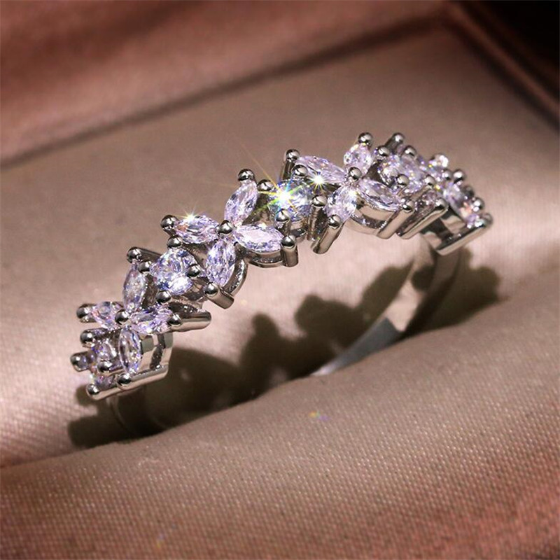US Size 6-10 Handmade Luxury Jewelry 925 Sterling Silver Marquise Cut White Topaz Gemstones Women Wedding Flower Band Ring For Lovers' Gift