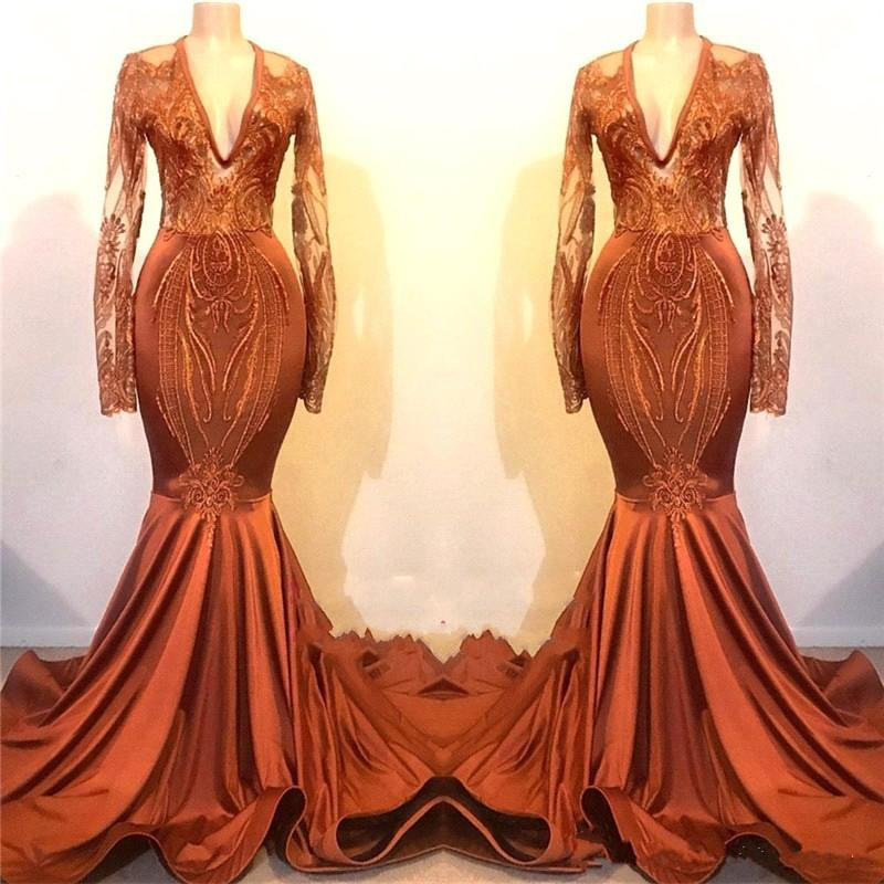 fashion orange prom dresses new mermaid long sleeves vintage applique sequin evening gowns formal dress custom made