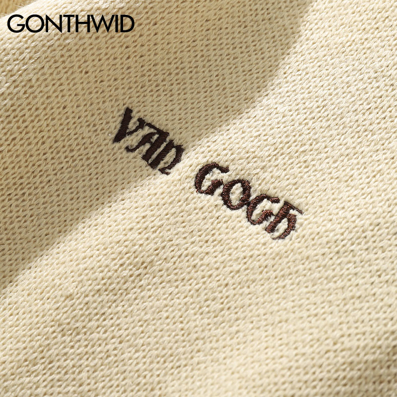 GONTHWID Van Gogh Sleeve Patchwork Pullover Knit Sweater 2019 Mens Hip Hop Embroidery Crewneck Knitwear Sweaters Streetwear Tops V191118