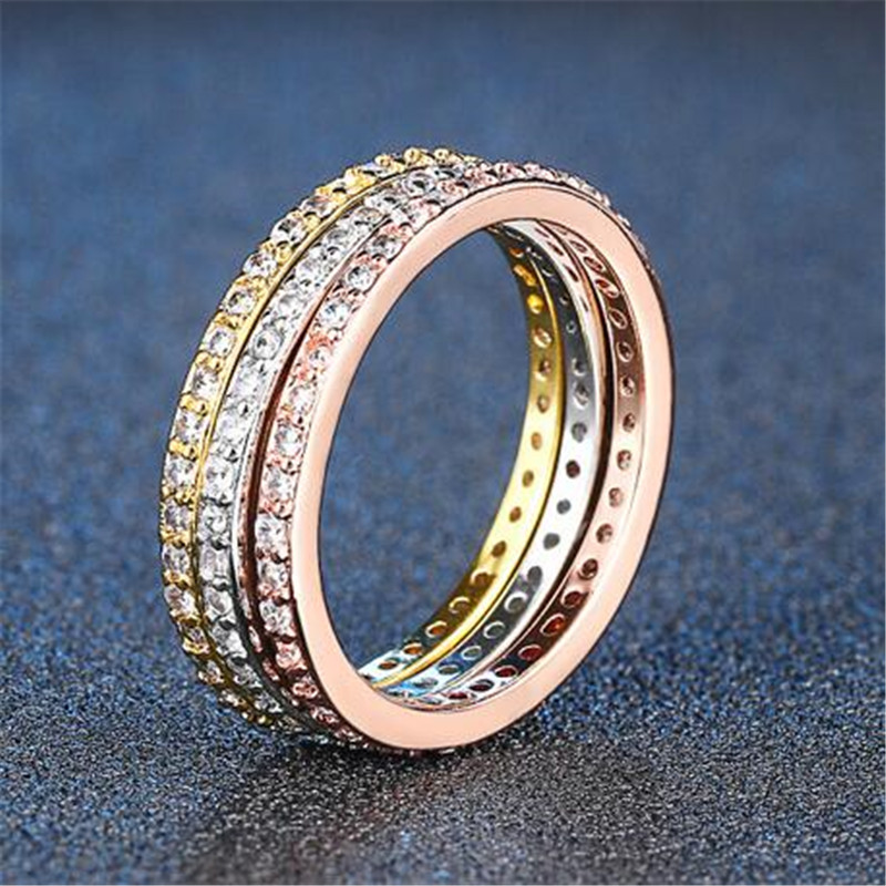 Simple Fashion Jewelry 925 Sterling Silver&Rose Gold Fill Pave White Sapphire CZ Diamond Eternity Women Wedding Engagement Band Ri