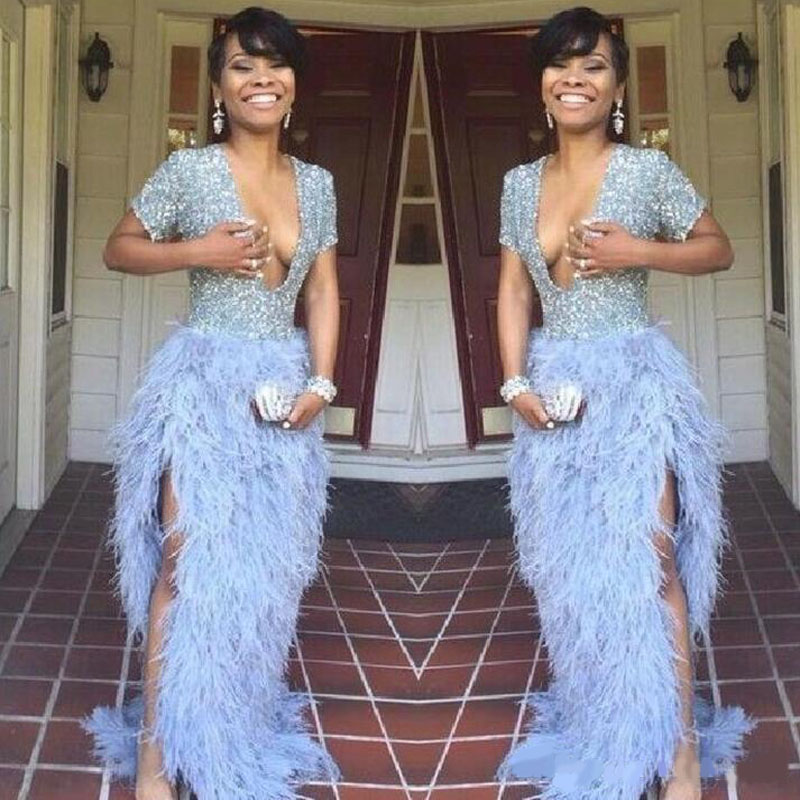 Feather 2020 Prom Dresses Sequins Top Sexy Deep V Neck Short Sleeves Slit Side Formal Evening Party Gown
