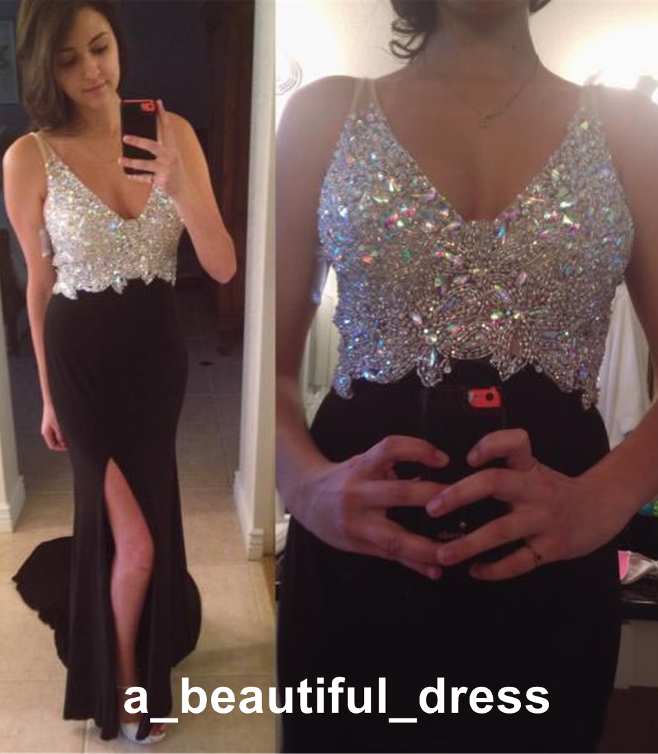 Sexy Rhinestone Prom Dress Slit V Neck Black Chiffon Satin Sequin Prom Dresses Long Beaded Evening Gowns Backless Vestidos De Fiesta ED1283