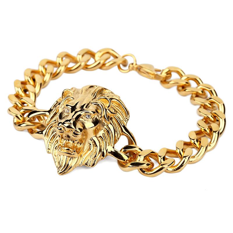 Wholesale-Gold Bracelet Men Hiphop Lion Head Bracelet Charms Stainless Steel Wrist Chains Punk Rock Bracelet 24cm