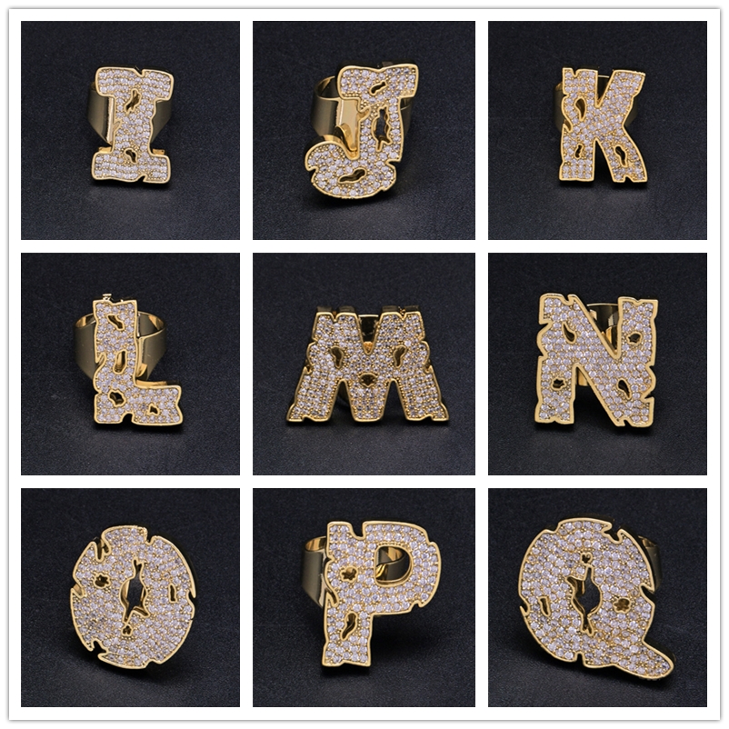 New Fashion Yellow Gold Plated Full CZ A-Z Letters Rings for Men Women Hip Hop Ring Jewelry Gift