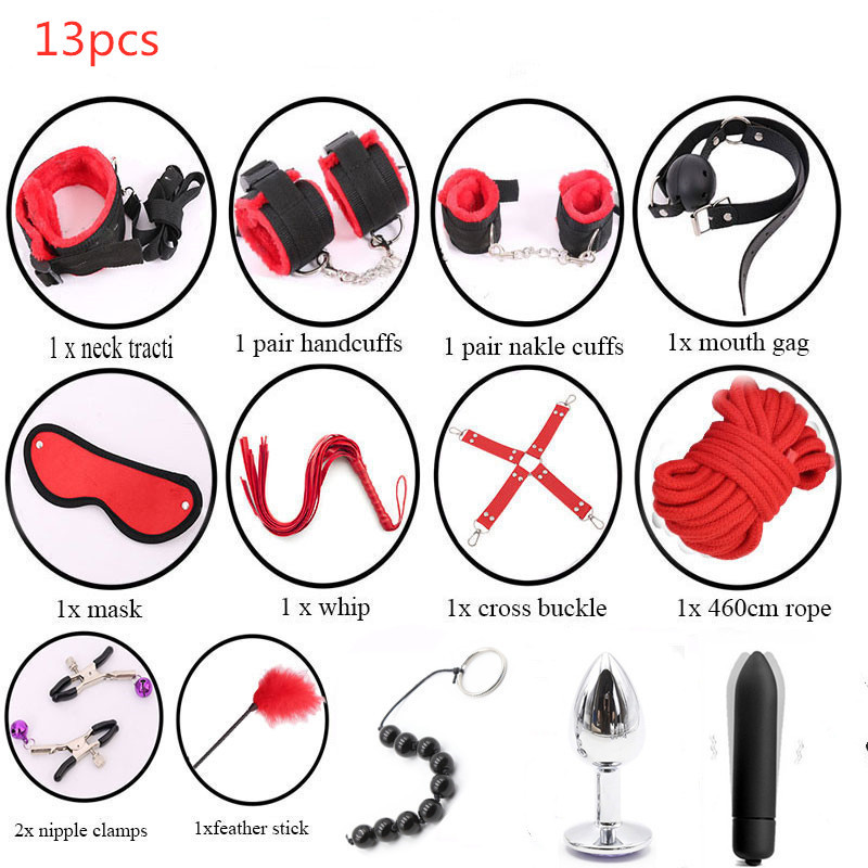 13 PCS /Set Bondage Restraints Nylon Plush BDSM Sex Handcuffs Whip Metal Anal Plug Erotic Sex Toys Stimulate sex toys for woman Y200421