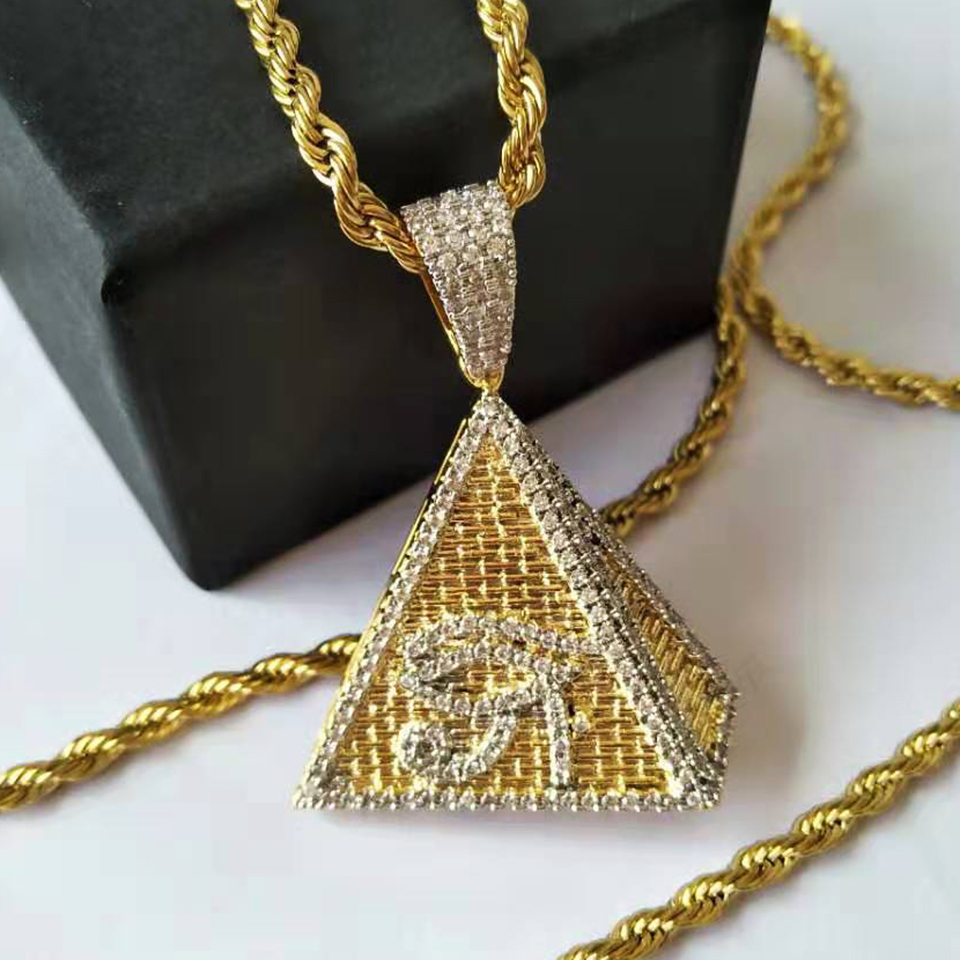New Fashion 18K Gold & White Gold Plated Mens Hip Hop Pyramid Horus Eyes Pendant Necklace Twist Chain Iced Out Cubic Zirconia Jewelry Gifts