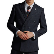 Handsome Wool Blend Stripe Men Wedding Suits Double Breasted Peaked Lapel Groom Wear Formal Prom Suit(Jacket+Pants)