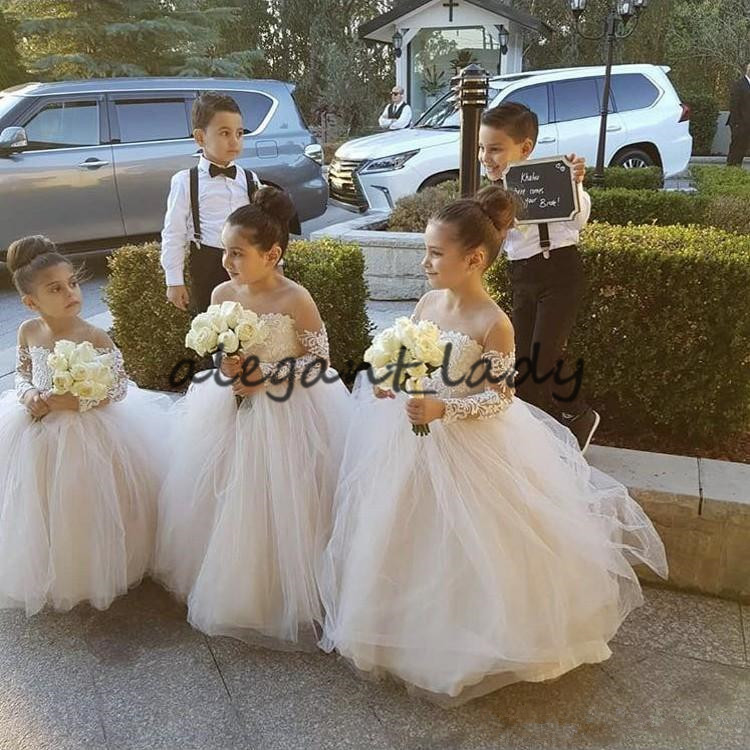 2020 Lovely Lace Applique Flower Girls Dresses Illusion Long Sleeve Sheer Neck Little Princess Kid Birthday Wedding Party Dress