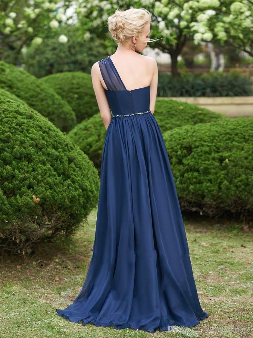 Gorgeous Sexy Shoulder Navy Bridesmaid 2019 Long Chiffon Prom Dress One Maid Of Honor Dresses Evening Wear Temperament Es 6660305