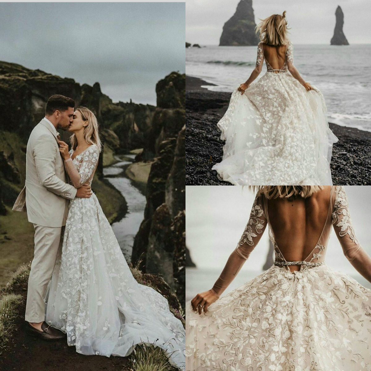 Long Sleeves Beach Dresses Backless Lace Applique Country Boho vestido de novia Tulle Wedding Gowns Customise