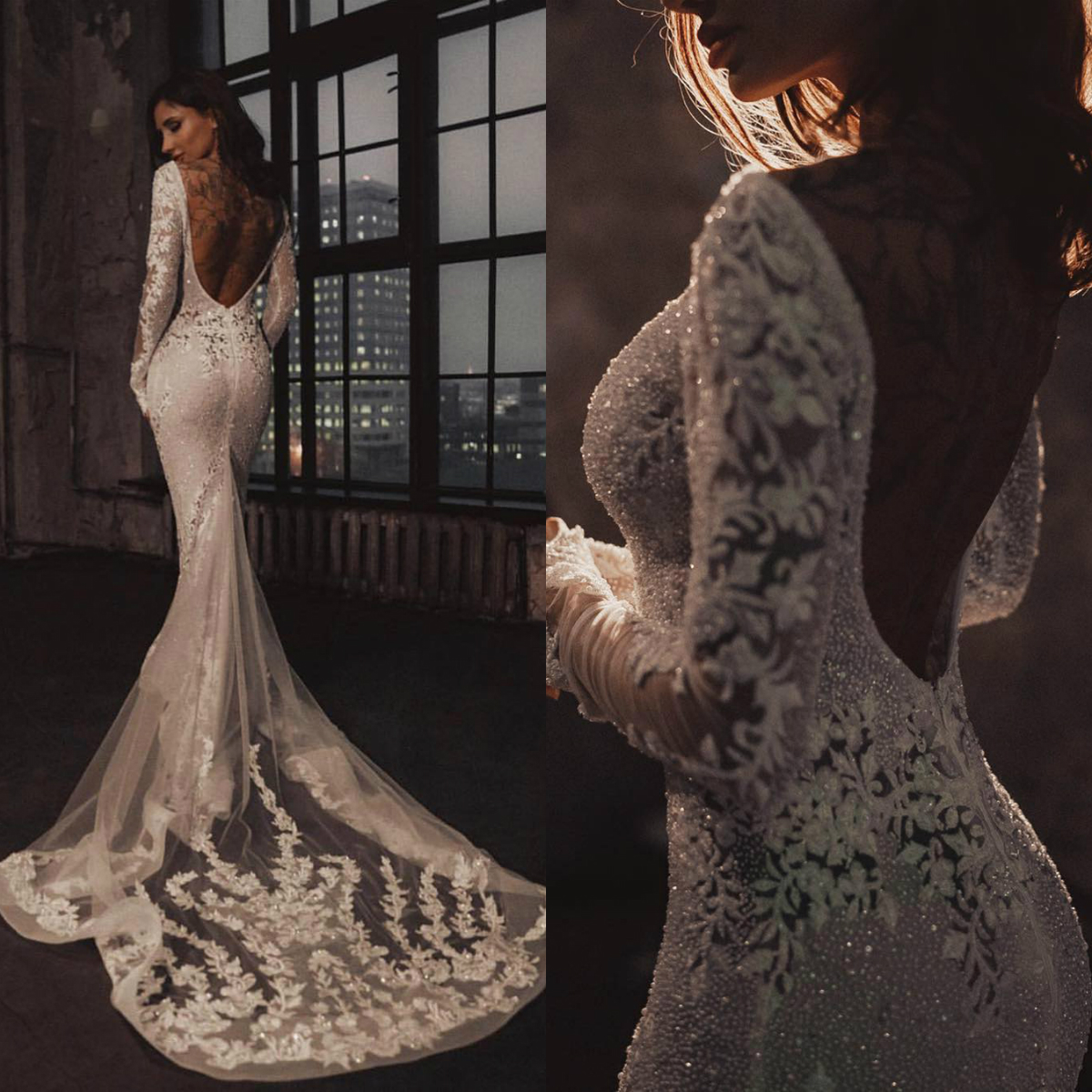 sexy mermaid dresses vintage long sleeve jewel neck lace beading garden country bridal gowns wedding dress robe de mariage