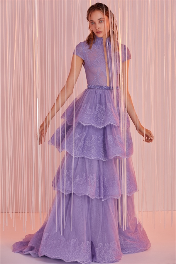 2021 Tony Ward Evening Dresses High Neck Jewel A Line Tulle Tiered Court Train Prom Dress Party Wear Custom Made Red Carpet Gowns