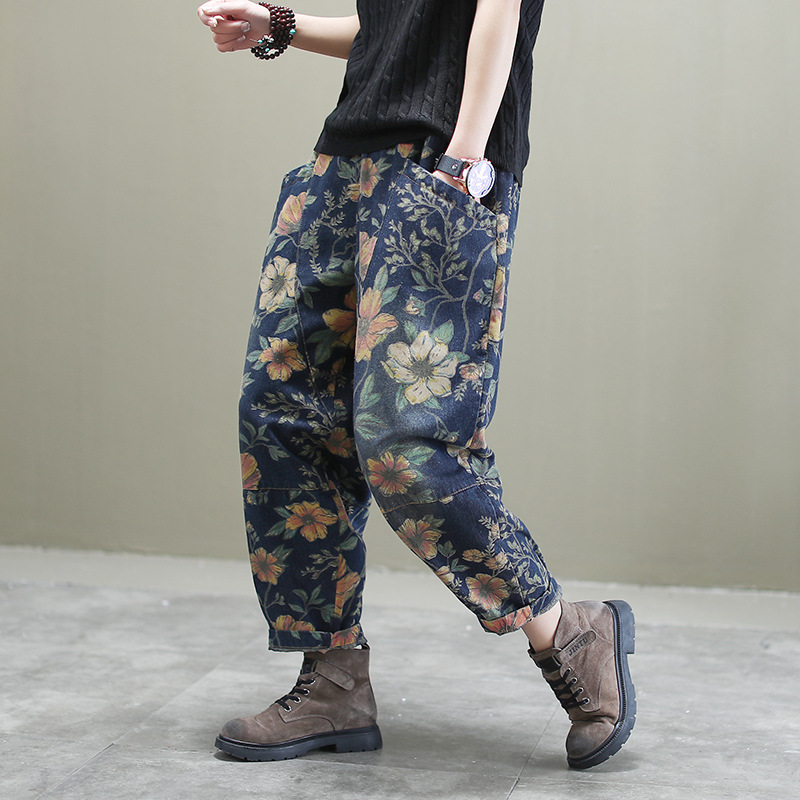 Spring Denim Jeans Women Retro Printed Loose Washed Vintage Bleached Patchwork Elastic High Waist Drawstring Female Harem Pants, Black
Spring Denim Jeans Women Retro Printed Loose Washed Vintage Bleached Patchwork Elastic High Waist Drawstring Female Harem Pants, Black