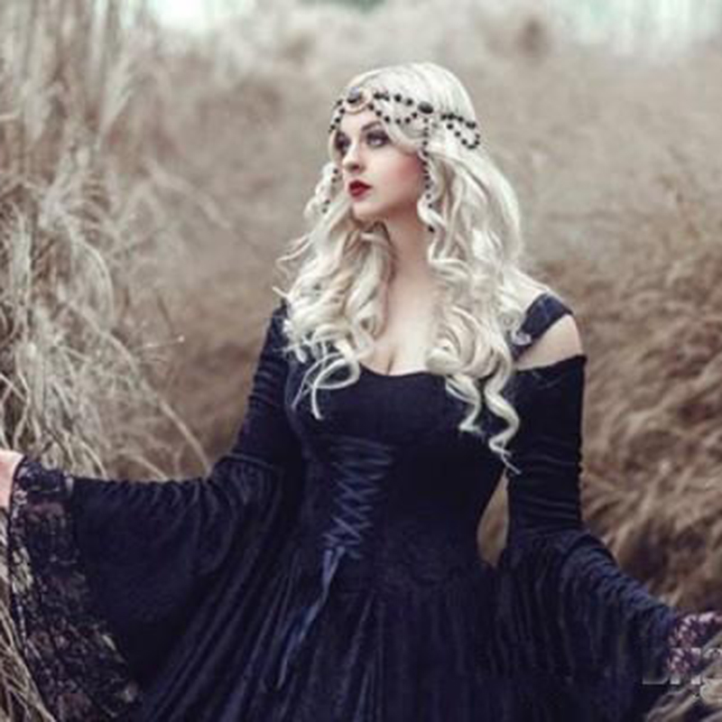Vintage Gothic Hallowen Lace Princess Wedding Dresses Plus Size Off-shoulder Long Sleeve Castle Chapel Train Bridal Wedding Gowns