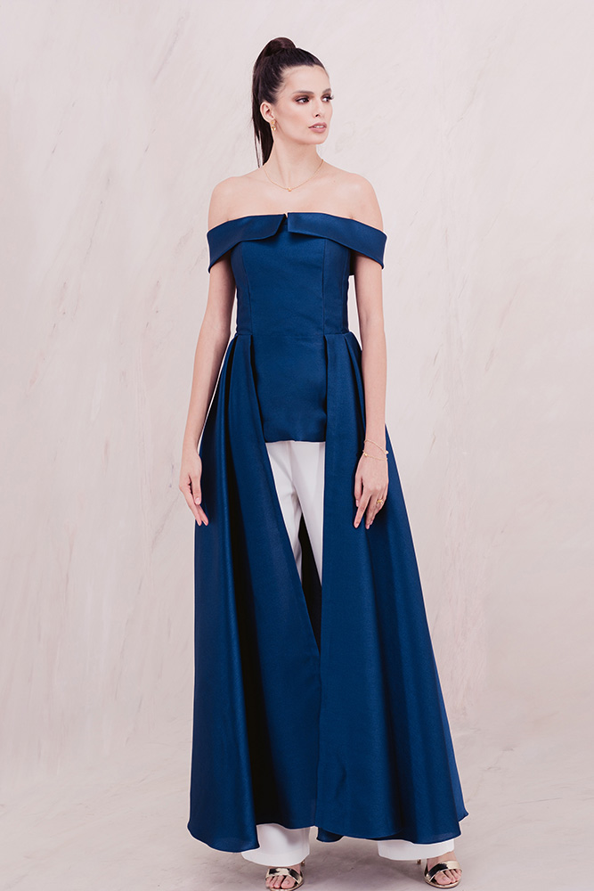 Women Jumpsuit With Long Train Blue Evening Dresses Off Shoulder Sweep Train Elegant Prom Dress Party Elie Saab Dress Vestidos Festa
