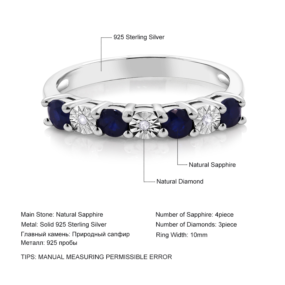 Gemstoneking Diamond Ring 925 Sterling Silver 0.029 Cttw Round Sapphire & White Diamond Engagement Ring For Women Y19051602
