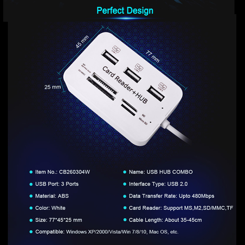 Multi-function Micro USB2.0 Hub 3 Ports Card Reader High Speed Splitter USB Hub Combo All In One For PC Computer
